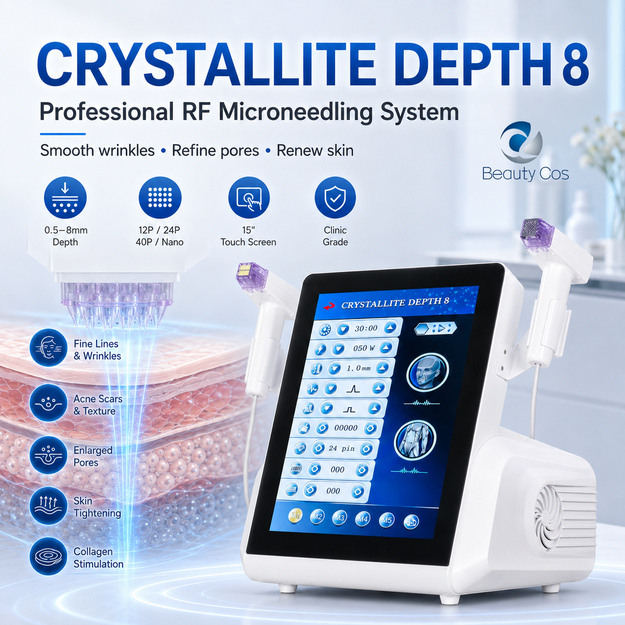 Crystallite Depth 8 RF Microneedling Machine Dual Handle 0.5 To 8mm Depth Face Body Skin Tightening Acne Scar Stretch Mark Removal Device