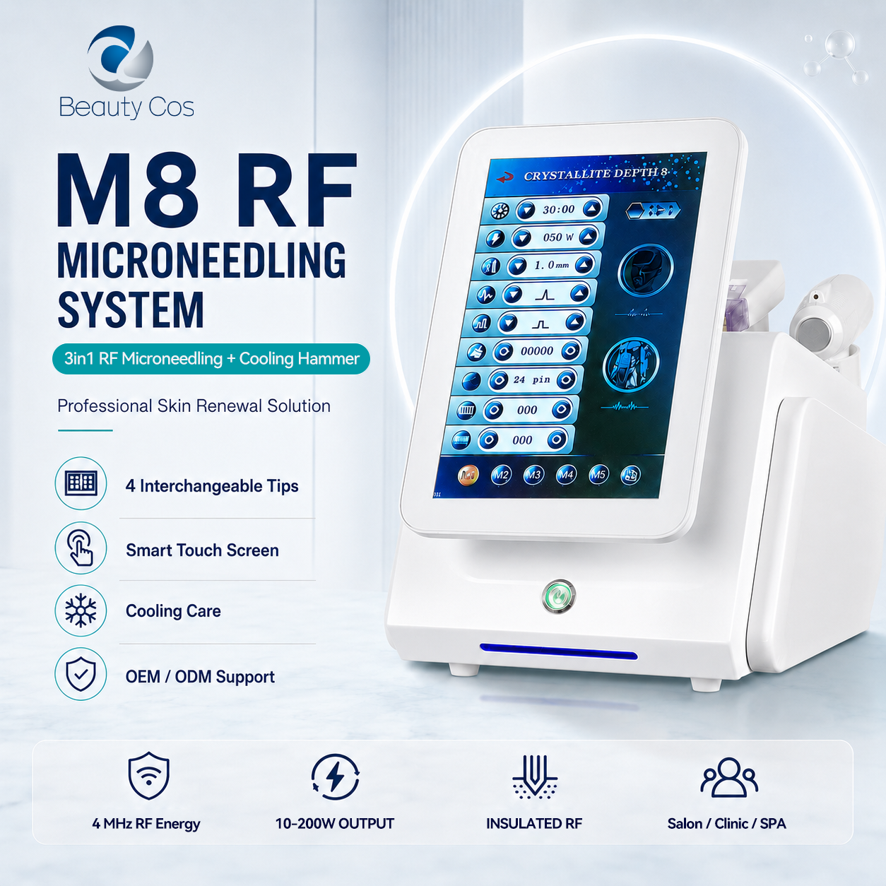 M8 3 In 1 RF Microneedling Machine With Cooling Hammer Dual Handle 0.5 To 7mm Depth Face Body Skin Tightening Beauty Device