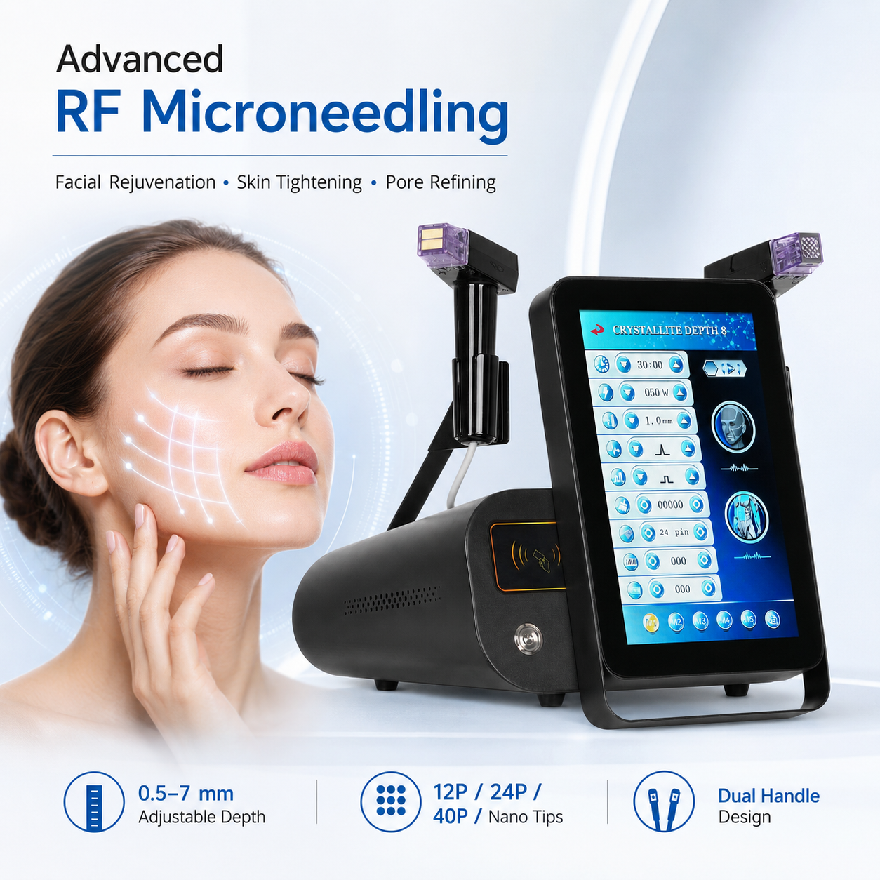 Professional Crystallite Depth 8 RF Microneedle System With Fixed And Burst Modes 12P 24P 40P Nano Tips Beauty Equipment