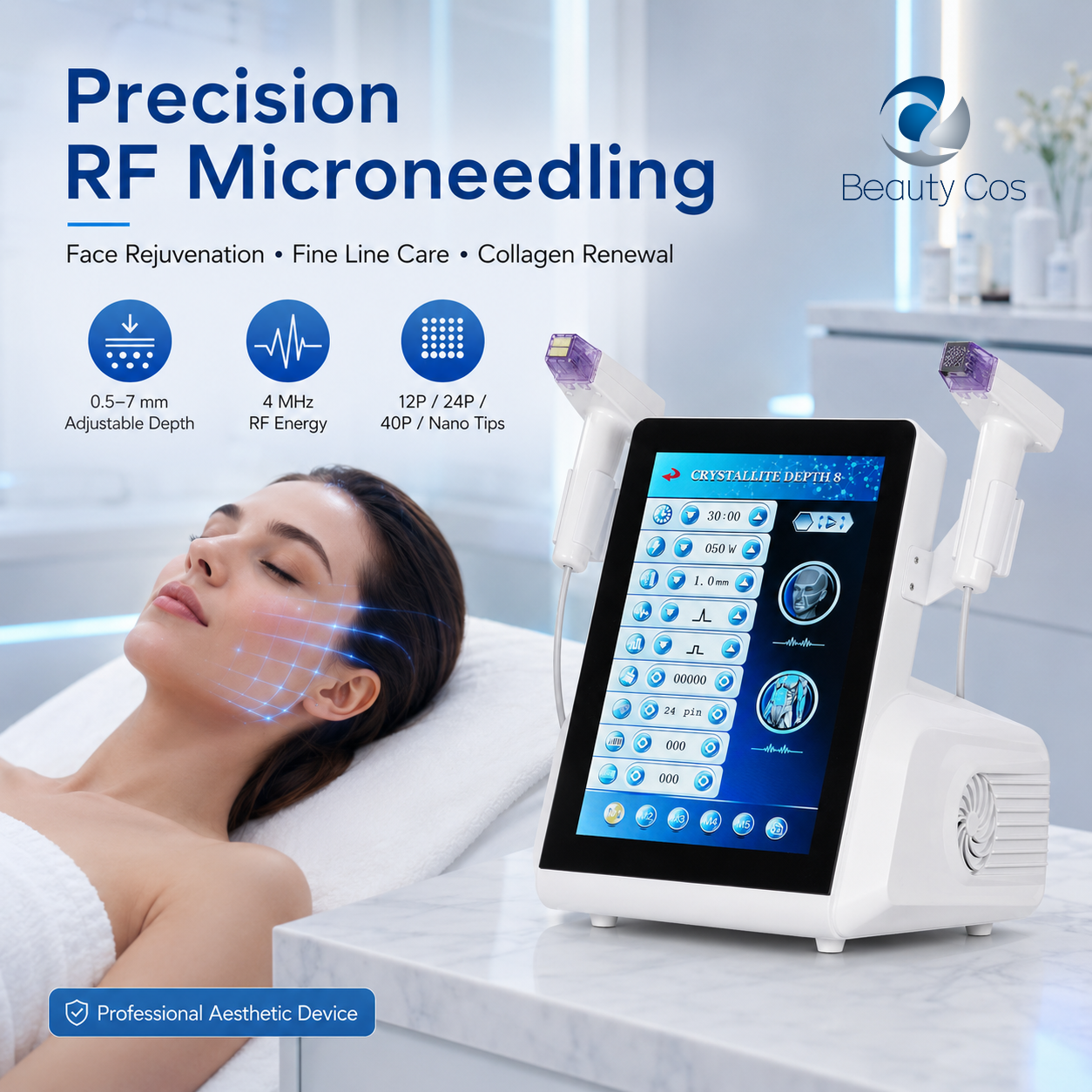 Crystallite Depth 8 RF Microneedling Machine Dual Handle 0.5 To 8mm Depth Face Body Skin Tightening Acne Scar Stretch Mark Removal Device - image 3